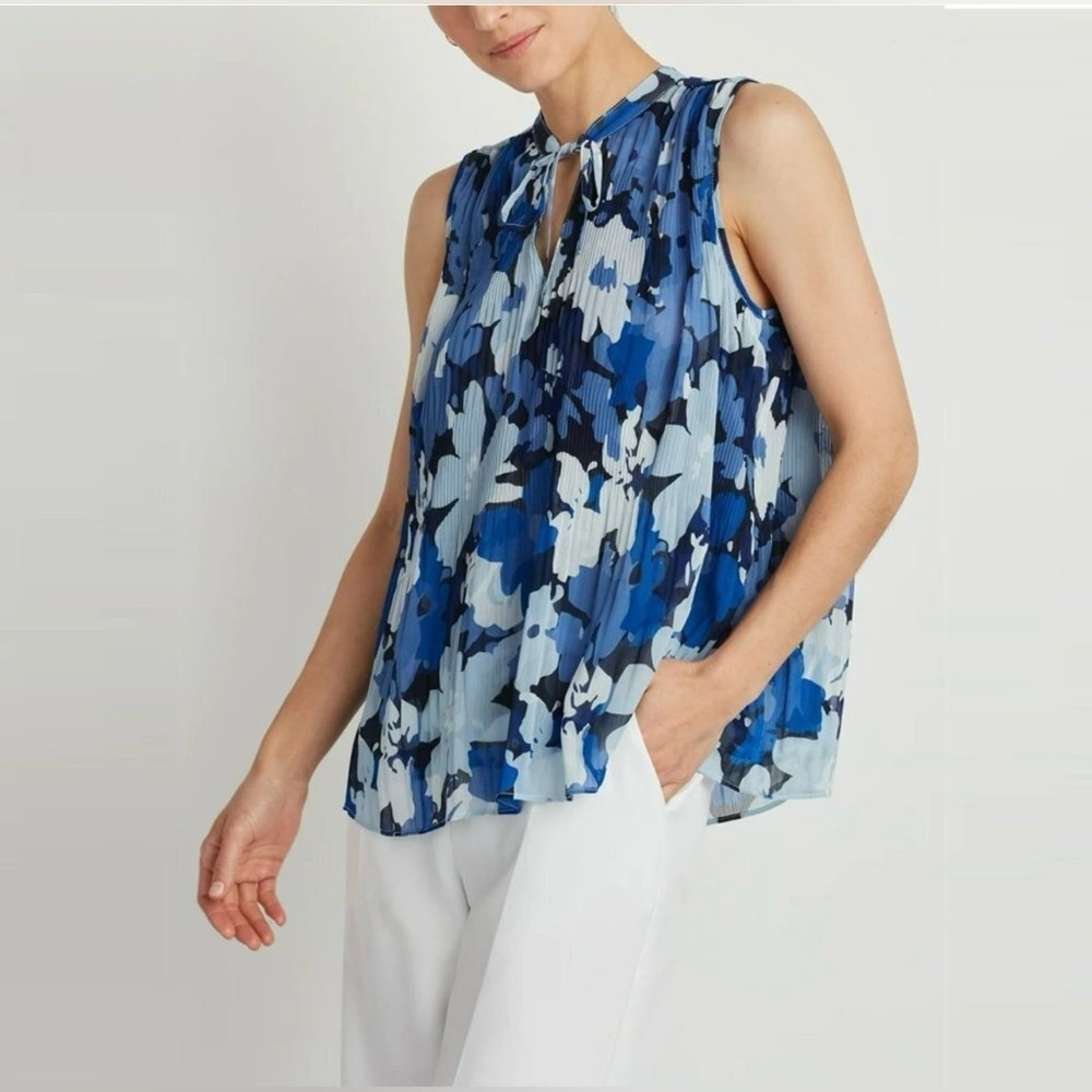Ellen Tracy Women's Floral Print Tie Neck Pleated Sleeveless Blouse Size XS NWOT